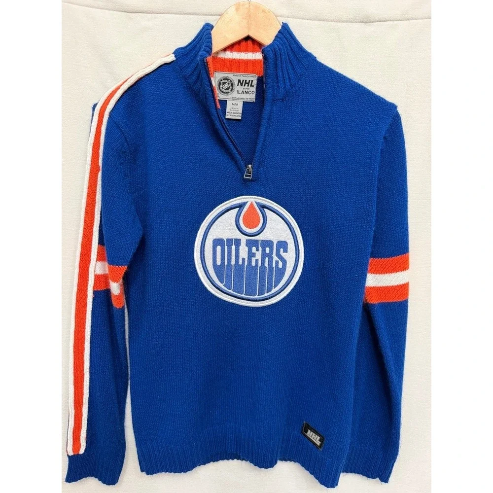 Vintage Edmonton Oilers NHL Ilanco Quarter Zip Knit Sweater Medium 678541H